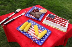 Table of food prepared for 4th of July barbeque