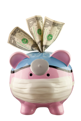 Medical Piggy Bank With Dollar Bills In Slot