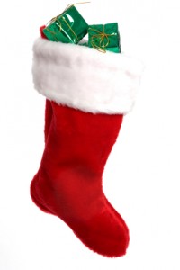 Bright red Christmas stocking with presents